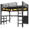 A black metal loft bed with an integrated desk and shelving, illuminated by warm LED lights. Anteprima dell’immagine prodotto