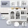 A white cabinet with glass doors, showcasing its features with text overlays and close-up images. Produktbild-Vorschau