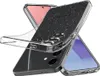 A clear protective phone case with glitter is shown on a white background, with two phones partially visible underneath. Produktbild-Vorschau