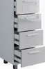 A white high-gloss cabinet with four drawers, three of which are partially open, showing the drawer slides. Náhled obrázku produktu