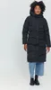 A woman wearing a black puffer coat and blue jeans stands against a white background. Produktbild-Vorschau