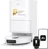 A white robot vacuum cleaner with its charging station, alongside a smartphone and a smartwatch displaying app interfaces. Produktbild-Vorschau