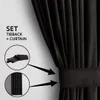 A black velvet curtain with a tieback and a close-up of the tieback and curtain pleats. Produktbild-Vorschau