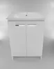 A white bathroom vanity with a sink and two doors, shown against a light gray and white background. Produktbild-Vorschau