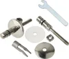 A collection of metal and plastic plumbing hardware components, including screws, washers, and a wrench, arranged on a white background. Podgląd zdjęcia produktu