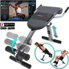 A collage of images showing a multi-functional weight bench, its features, and people using it for exercises. Produktbild-Vorschau
