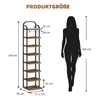 A silhouette of a person standing next to a tall, narrow bookshelf displaying dimensions. Produktbild-Vorschau