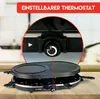 A close-up view of a raclette grill with a magnified section showing the thermostat control. Produktbild-Vorschau