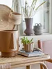 A close-up of decorative pots and plants on a woven table, with a window in the background. Produktbild-Vorschau