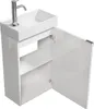 A white bathroom vanity set with a sink and faucet, with the cabinet door open. Anteprima dell’immagine prodotto