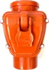 A close-up, front-facing studio shot of an orange plastic backwater valve. Náhľad obrázku produktu