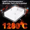 A white ceramic sink is shown with fiery graphics and text indicating high temperature resistance. Náhled obrázku produktu