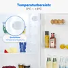 Inside view of a refrigerator showing shelves stocked with food and drinks, with text overlays highlighting temperature settings and features. Produktbild-Vorschau