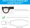An instructional graphic explaining how to measure exhaust pipe outside diameter and how a catalytic converter fits the same OD size exhaust pipe. Produktbild-Vorschau