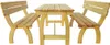 A wooden picnic table with two benches, shown from a front-facing angle against a white background. Náhled obrázku produktu