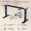 A diagram of a dual-motor standing desk frame with various features highlighted. The diagram includes mechanical components and text overlays explaining its specifications. Náhled obrázku produktu