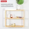 A wooden shelf unit with various bathroom or cosmetic items displayed on it, against a light gray wall. Náhled obrázku produktu