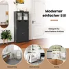A black storage cabinet is shown in a hallway, with lifestyle images of its use in a bathroom, living room, and kitchen at the bottom. Text overlays describe its style and suitability. Náhled obrázku produktu