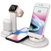 A white charging station with an Apple Watch, AirPods, and two iPhones. Produktbild-Vorschau