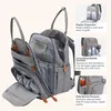 A diaper bag backpack is shown with various compartments and features highlighted by text overlays. Náhled obrázku produktu