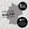 A graphic overlay on a background of white beads, featuring text and logos related to product quality and origin. Produktbild-Vorschau