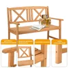 A wooden garden bench with several close-up shots highlighting its features, accompanied by text labels. Voir les images du produit