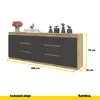 A modern sideboard with a wood and gray finish, displaying dimensions. Náhľad obrázku produktu