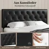 A black tufted headboard of a bed with pillows and a blanket, with three inset images showing details of the product. Produktbild-Vorschau
