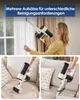 A collage of images showing a woman using a cordless vacuum cleaner on curtains, and close-ups of the vacuum cleaner being used on a sofa. Produktbild-Vorschau