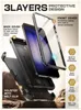 A phone case is shown in three layers, with callouts and descriptions of its features, set against a rocky, outdoor background. Produktbild-Vorschau
