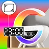 A close-up marketing image of a sunrise alarm clock with a digital display and colorful LED lighting. Podgląd zdjęcia produktu