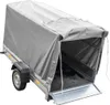 A grey trailer with a cover, shown from a diagonal angle with the rear ramp open. Podgląd zdjęcia produktu
