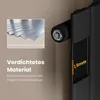 A close-up marketing image showing a detail of a black radiator, with an inset image of metal sheets and text highlighting material properties. Produktbild-Vorschau