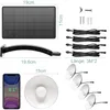 A collection of solar-powered outdoor lighting components, including a solar panel, mounting bracket, cables, and LED lamps, with dimensions indicated. Anteprima dell’immagine prodotto