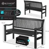 A product image showing a black garden bench with dimensions and specifications displayed. Produktbild-Vorschau