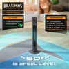 A promotional image for a tower fan, showing the product and a woman enjoying the airflow. Produktbild-Vorschau