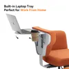 A close-up view of an orange office chair with a built-in laptop tray and a coffee cup holder. Produktbild-Vorschau
