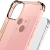 A close-up, angled view of a transparent, light pink phone case with gold-tinted bumper edges, placed over a pink smartphone. Produktbild-Vorschau