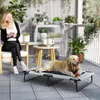 A woman sits on a chair on a patio, holding a mug, while a dog lies on a raised dog bed next to her. Produktbild-Vorschau