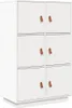 A white cabinet with six doors, each with a brown leather pull. Voir les images du produit