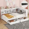 A white wooden bed frame with storage drawers and a headboard with shelves, set up in a child's bedroom with pink walls and decorative items. Podgląd zdjęcia produktu