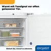 Interior view of a white freezer with food items in drawers, and text overlays highlighting features. Produktbild-Vorschau