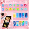 A pink toy smartphone with a unicorn design, displaying various app icons and screen backgrounds. Produktbild-Vorschau