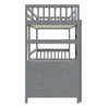 A gray bunk bed with a dresser underneath, shown from the front against a white background. Náhled obrázku produktu