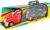 A toy truck transporter with multiple mini cars inside its packaging. Voir les images du produit
