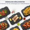 A collage of different foods cooked in an air fryer, presented on black trays with garnishes and sauces. Voir les images du produit