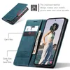 A teal leather phone case is shown open, displaying card slots and cash, with a phone screen showing a person. Produktbild-Vorschau