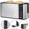 A collage of a silver and black toaster with bread inside, and close-up views of its controls and features. Produktbild-Vorschau