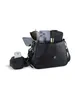 A black handbag with its contents displayed. Produktbild-Vorschau