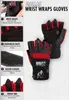 A collage of images and text describing the features of Gorilla Wear Dallas Wrist Wrap Gloves. Produktbild-Vorschau
